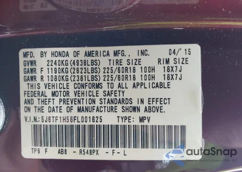 2015 Honda Crosstour Ex-L V6 z USA, uszkodzony, nr VIN 5J6TF1H56FL001625